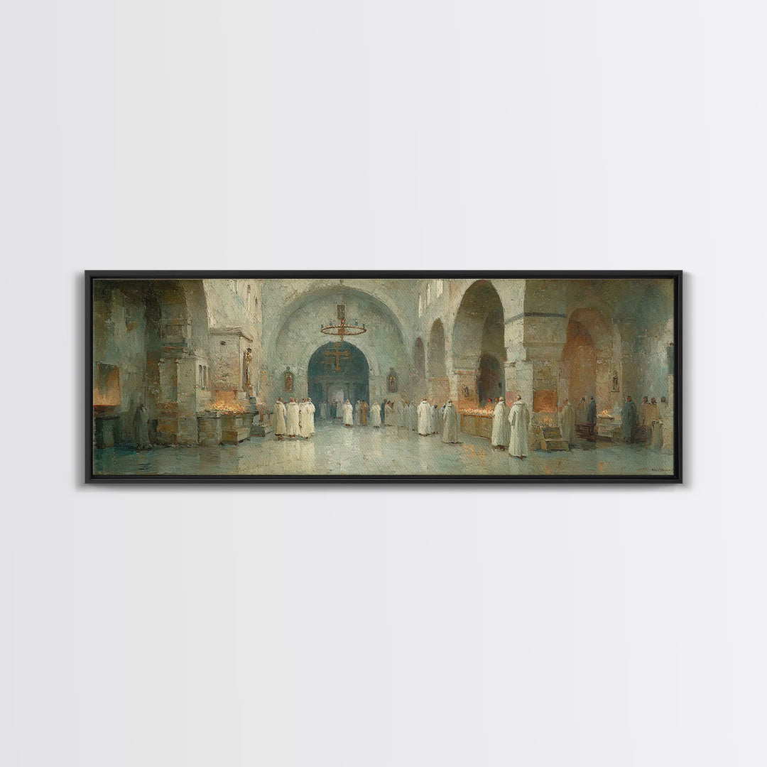 Monastic Gathering – Framed Canvas Print – Christian Art Canvas – Panoramic Frame – Christmas Art – Christian Decorations – Christian Paint