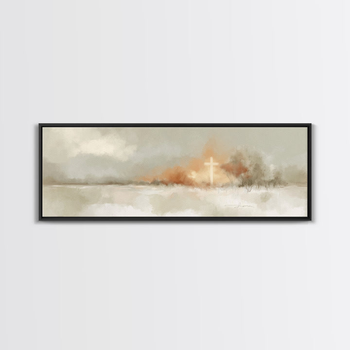 Light On Calvary, Framed Canvas Print, Christian Wall Art, Panoramic Painting, Christian Art Canvas, Christian Painting, Christian Decor