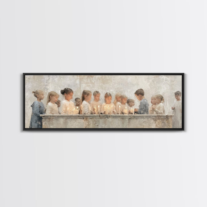 Children’s Candle Prayer – Framed Canvas Print – Panoramic Art – Christian Wall Art – Christian Art Canvas – Christian Painting – Christmas