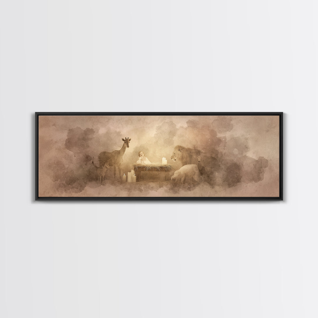 Gentle Manger Peace, Framed Canvas Print, Christian Wall Art, Panoramic Art, Christian Art Canvas, Christmas Art, Christian Christmas Decor
