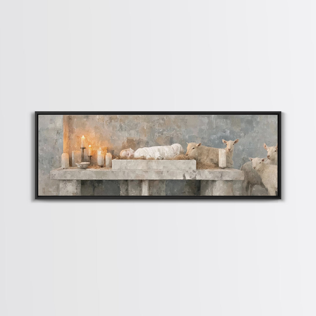 Manger Candle Hope, Framed Canvas Print, Panoramic Wall Art, Christmas Art, Christian Wall Art, Christian Art Canvas, Christian Gift