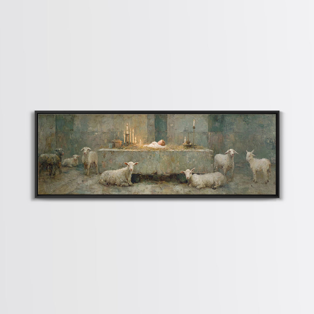 Quiet Stable Glory – Framed Canvas Print – Panoramic Art – Christian Wall Art – Christmas Wall Art – Christian Art Canvas – Vintage Christi