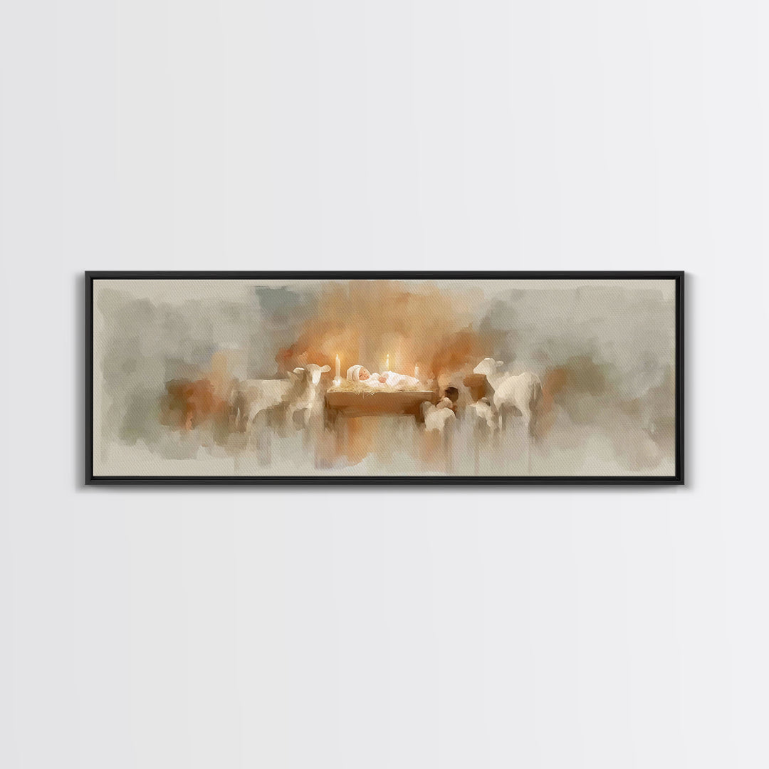 Soft Manger Glow | Framed Canvas Print | Christmas Art | Christian Art Canvas | Panoramic Painting | Christian Wall Art | Christian Christm