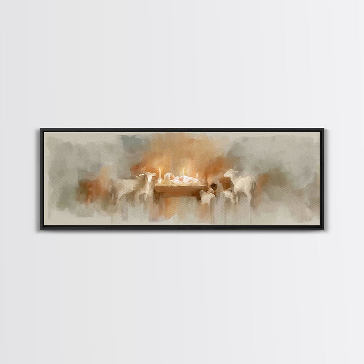 Soft Manger Glow | Framed Canvas Print | Christmas Art | Christian Art Canvas | Panoramic Painting | Christian Wall Art | Christian Christm