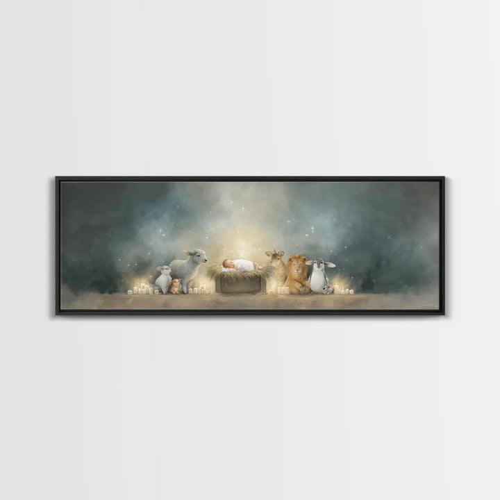 Starry Cradle Light, Framed Canvas Print, Christian Christmas Art, Christian Art Canvas, Panoramic Art, Christmas Wall Art, Christian Art