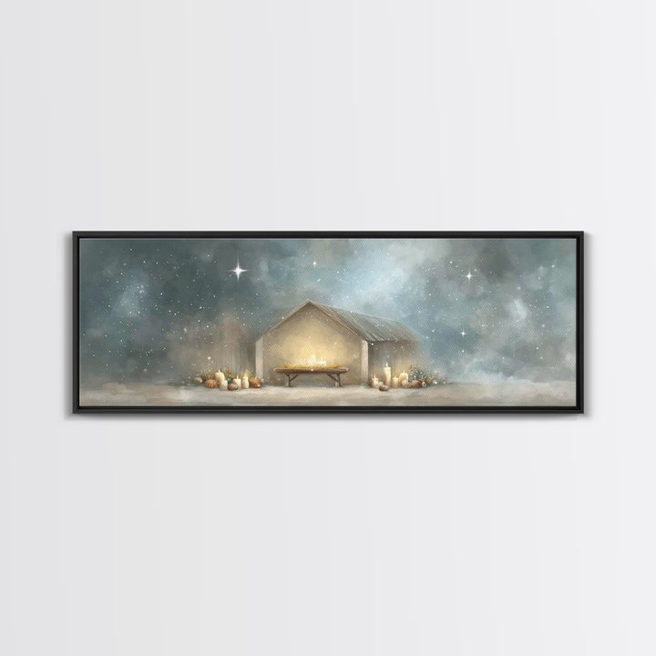 Gentle Stable Peace – Framed Canvas Print – Panoramic Painting – Christian Wall Art – Christian Art Canvas – Christmas Art – Subtle Christi