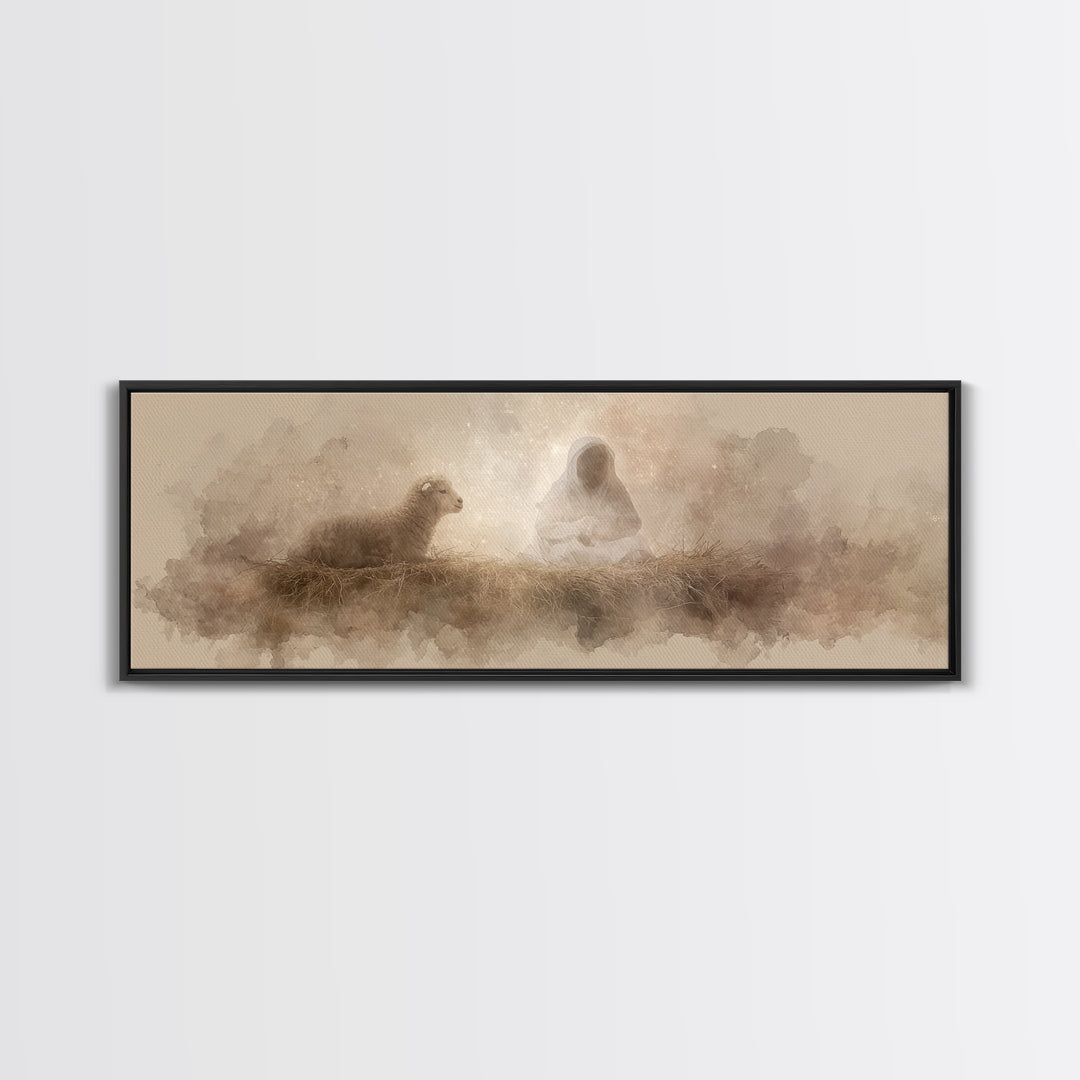 Starry Manger Glow | Framed Canvas Print | Christian Christmas Art | Christian Art Canvas | Jesus Painting | Panoramic Wall Art