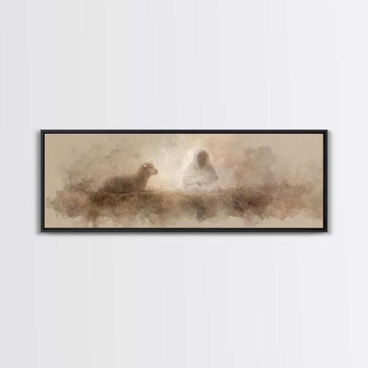 Starry Manger Glow | Framed Canvas Print | Christian Christmas Art | Christian Art Canvas | Jesus Painting | Panoramic Wall Art