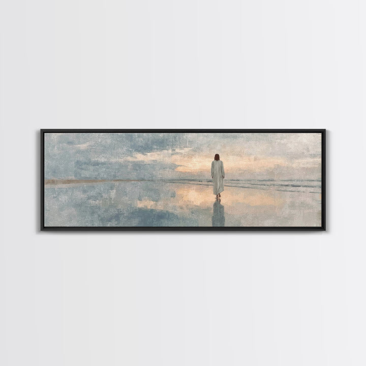 Heavenly Shore Path, Framed Canvas Print, Christian Wall Art, Jesus Painting, Panoramic Art, Christian Art Canvas, Christmas Art