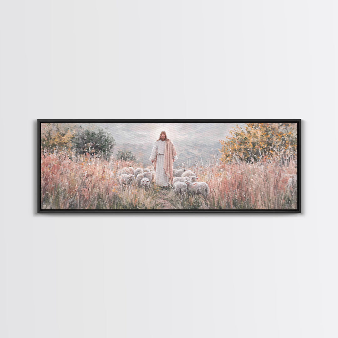 Shepherd Of Mercy – Framed Canvas Print – Jesus Art Print – Christian Wall Art – Panoramic Wall Art – Large Christian Art – Christian Paint