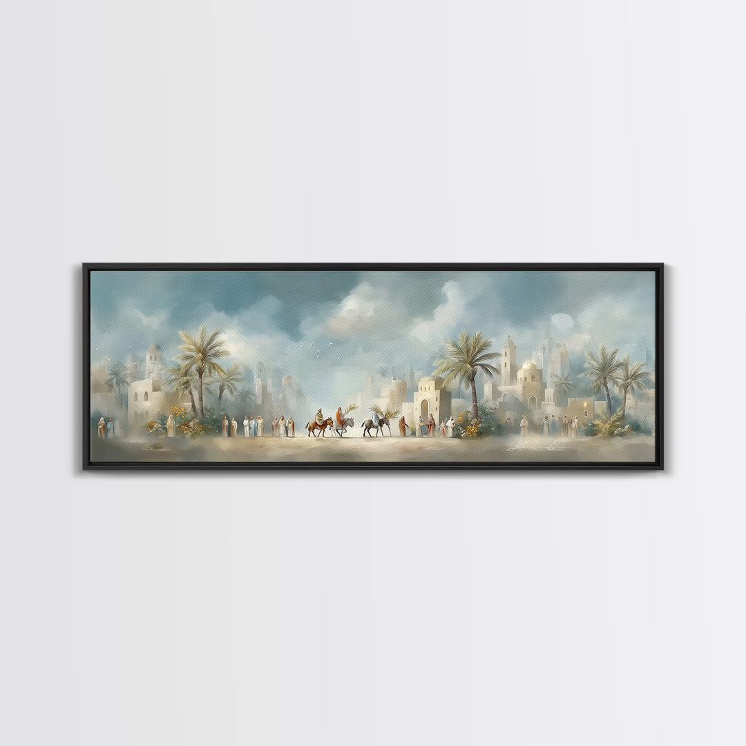 Desert Palm Caravan, Framed Canvas Print, Christian Art Canvas, Panoramic Art, Jesus Wall Art, Christian Decor, Christmas Canvas Wall Art