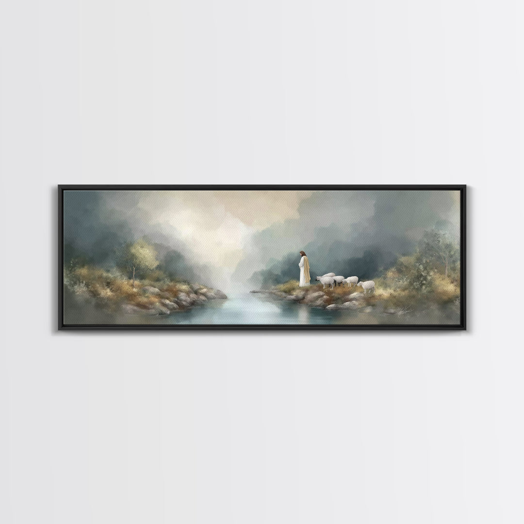 Shepherd's Quiet Path – Framed Canvas Print – Panoramic Frame – Jesus Painting – Christian Art Canvas – Christian Wall Art