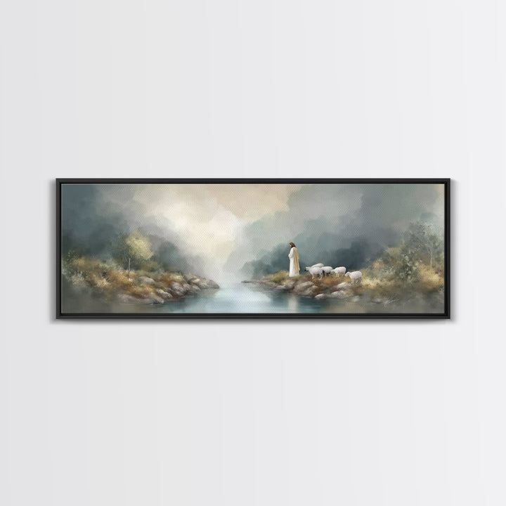 Shepherd's Quiet Path – Framed Canvas Print – Panoramic Frame – Jesus Painting – Christian Art Canvas – Christian Wall Art