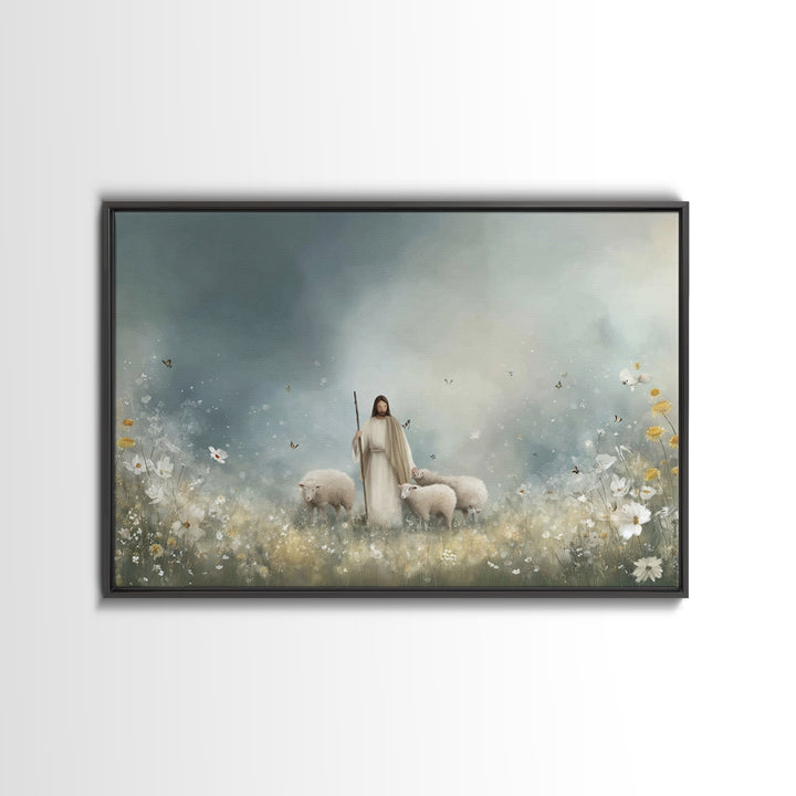 Shepherd’s Meadow – Framed Canvas Print – Christian Art Canvas – Christian Art – Jesus Painting – Christian Wall Art – Christian Christmas