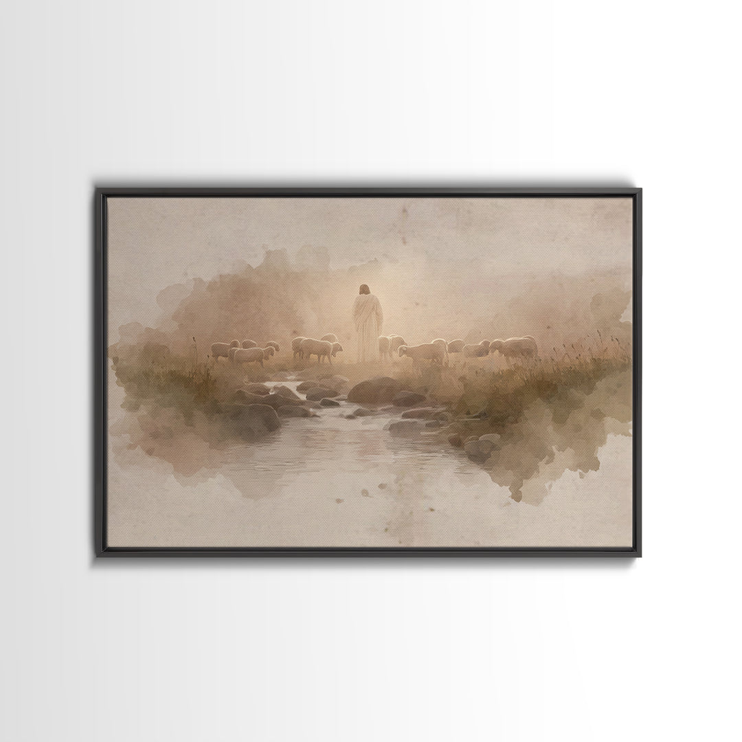 Golden Pastures Guide – Framed Canvas Print – Christian Wall Art – Jesus Painting – Christian Art Canvas – Pastoral Scenery – Christian Gif