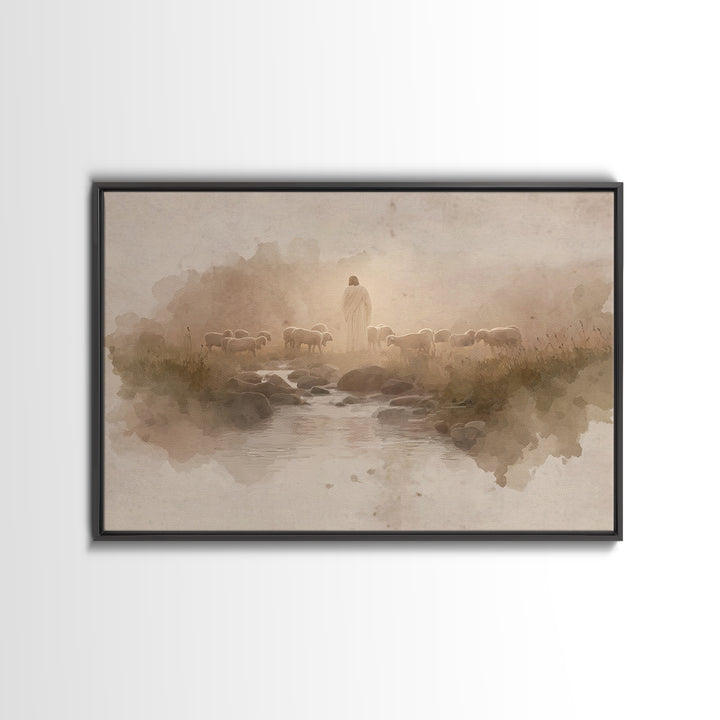 Golden Pastures Guide – Framed Canvas Print – Christian Wall Art – Jesus Painting – Christian Art Canvas – Pastoral Scenery – Christian Gif