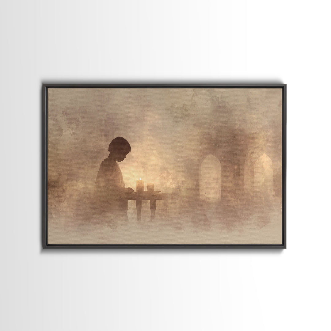 Evening Candle Reverie – Framed Canvas Print – Christian Art Print – Moody Christian Art – Christian Wall Art – Christian Decor