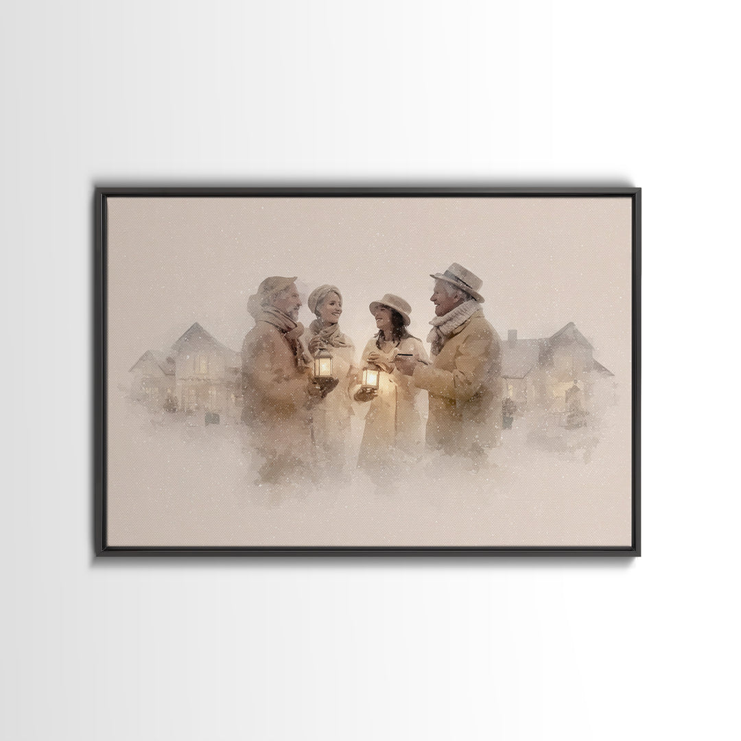 Lantern Gathering | Framed Canvas Print | Christmas Wall Art | Christian Christmas Art | Christmas Art Canvas | Retro Christmas Art | Holid