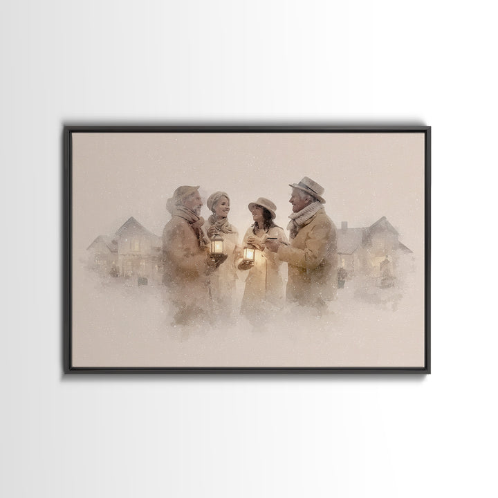 Lantern Gathering | Framed Canvas Print | Christmas Wall Art | Christian Christmas Art | Christmas Art Canvas | Retro Christmas Art | Holid