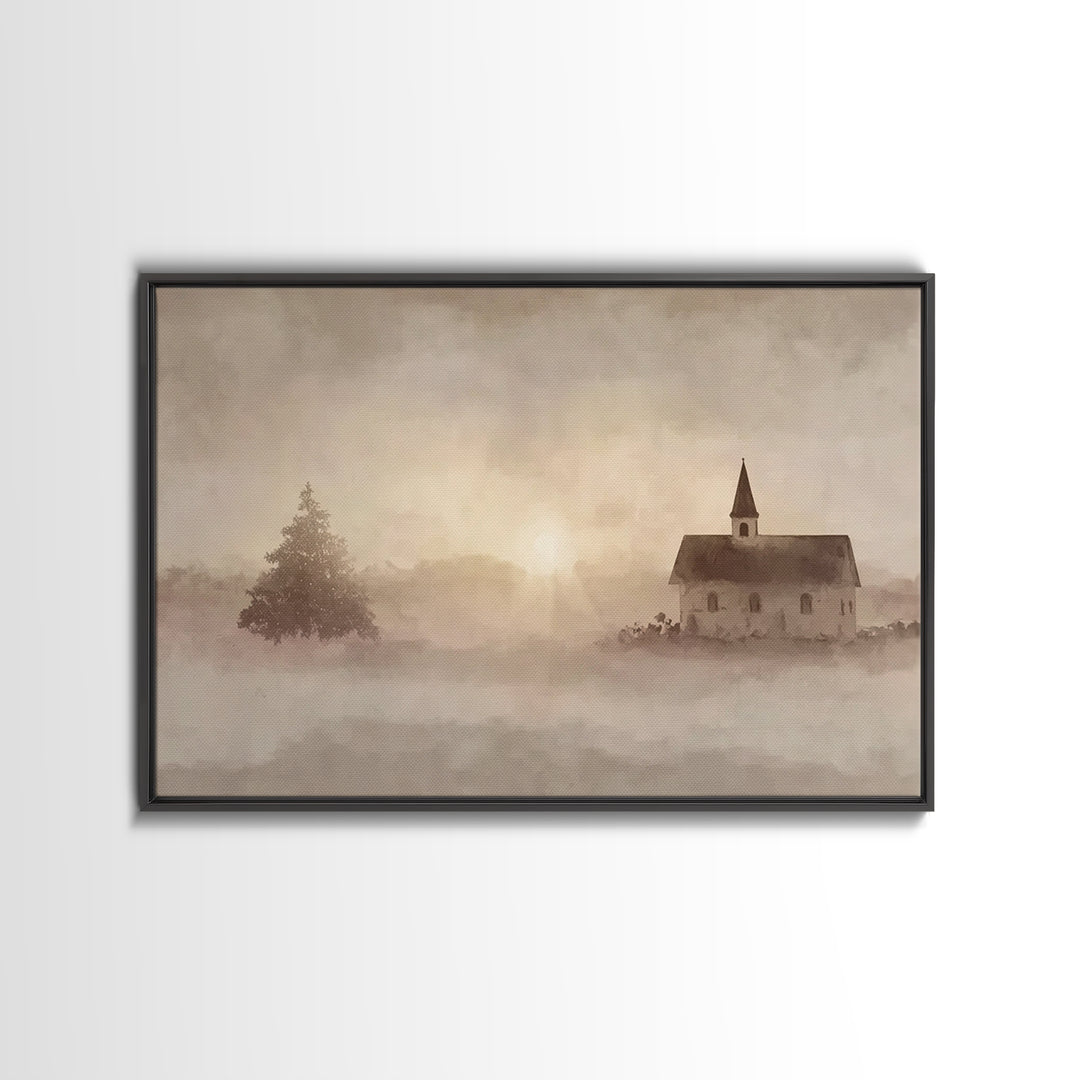 Misty Chapel Dawn – Framed Canvas Print – Christian Wall Art – Christian Art Canvas – Christian Painting – Modern Christian Painting – Chri