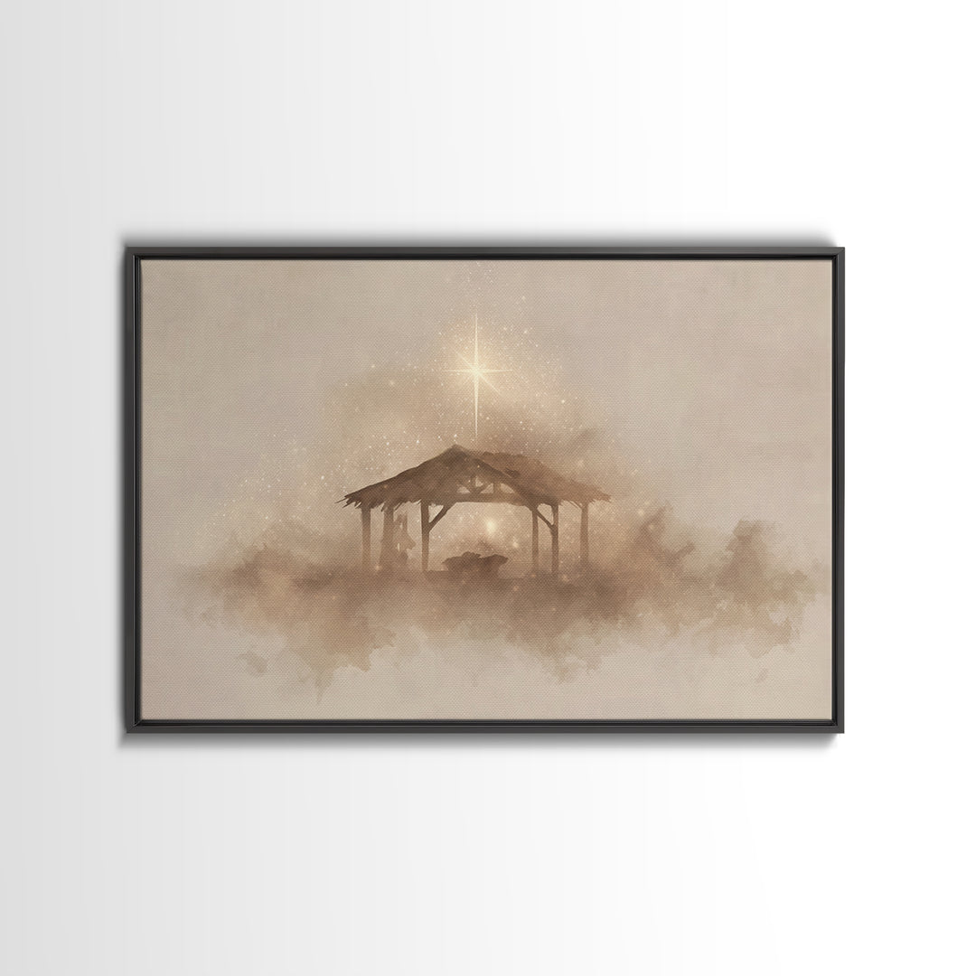 Starlit Manger – Framed Canvas Print – Christmas Art – Christian Christmas Art – Christian Art Canvas – Christian Decor – Christian Wall Ar