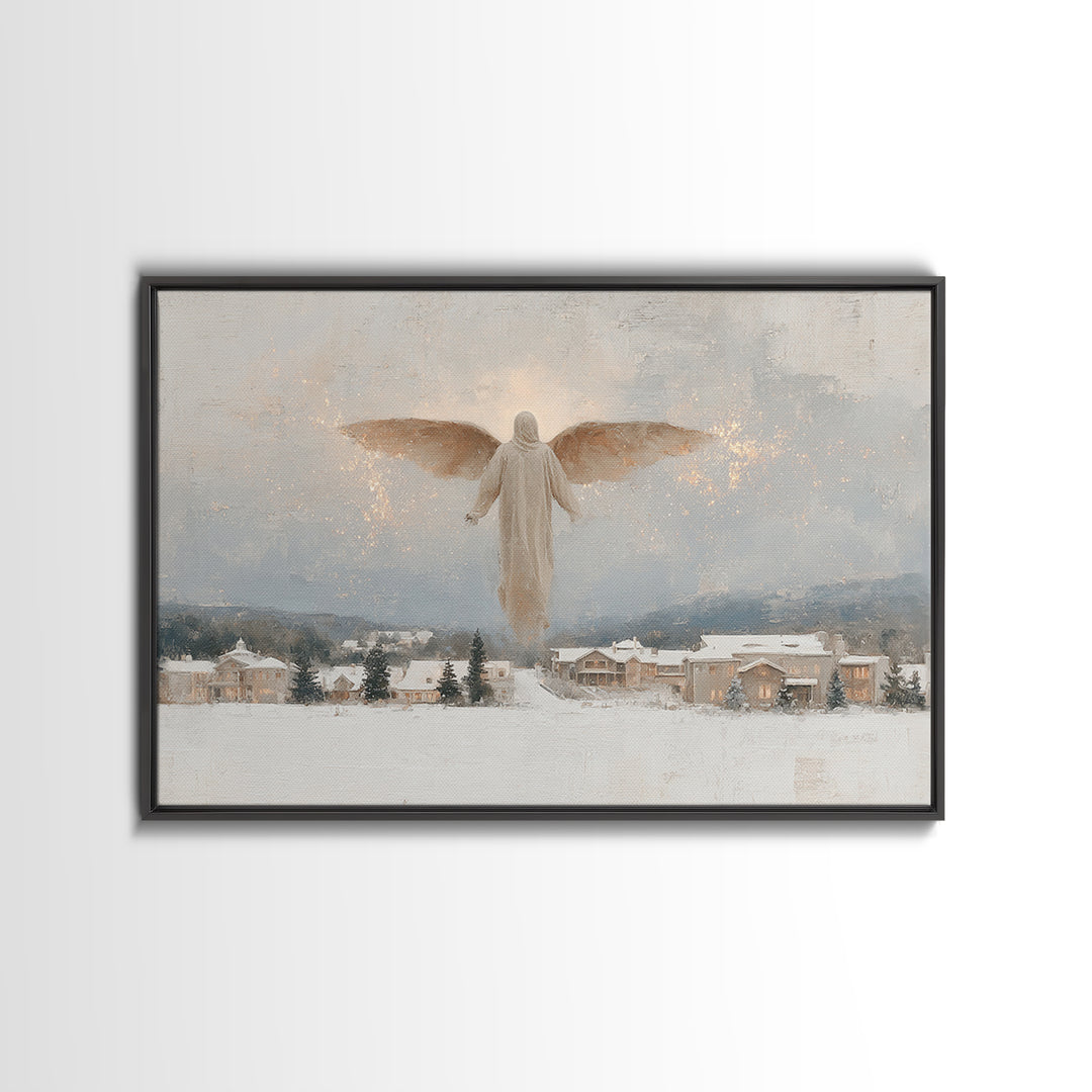 Snowfall Guardian – Framed Canvas Print – Christian Art Canvas – Christmas Art Prints – Vintage Christmas Art – Christian Wall Art