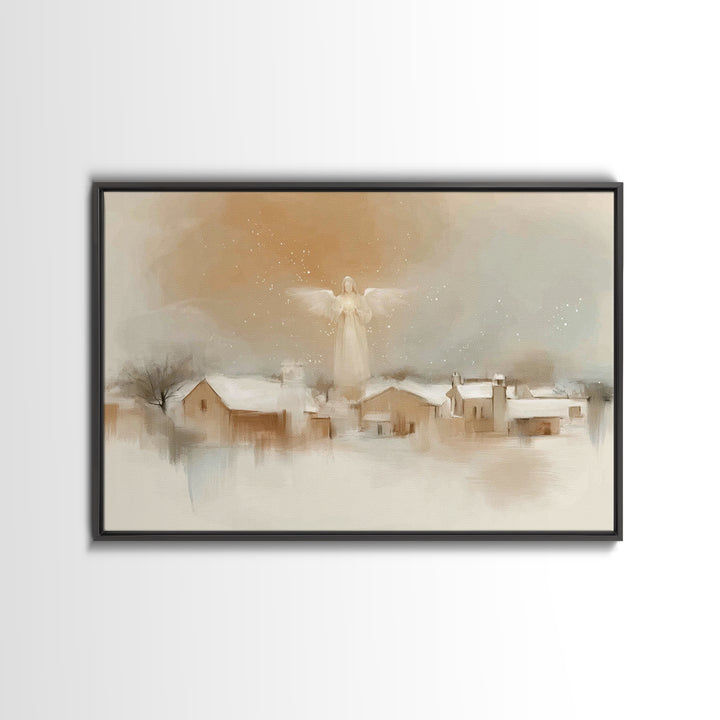 Silent Dawn Angel – Framed Canvas Print – Christian Art Print – White Christmas Art – Christian Christmas Decorations – Christian Art Canva
