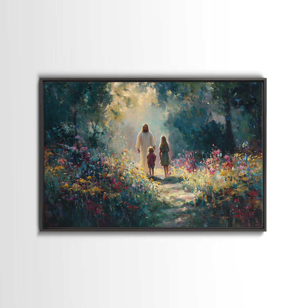 Garden Light Walk, Framed Canvas Print, Christian Art Canvas, Jesus Painting, Christian Wall Art, Christian Gift Ideas