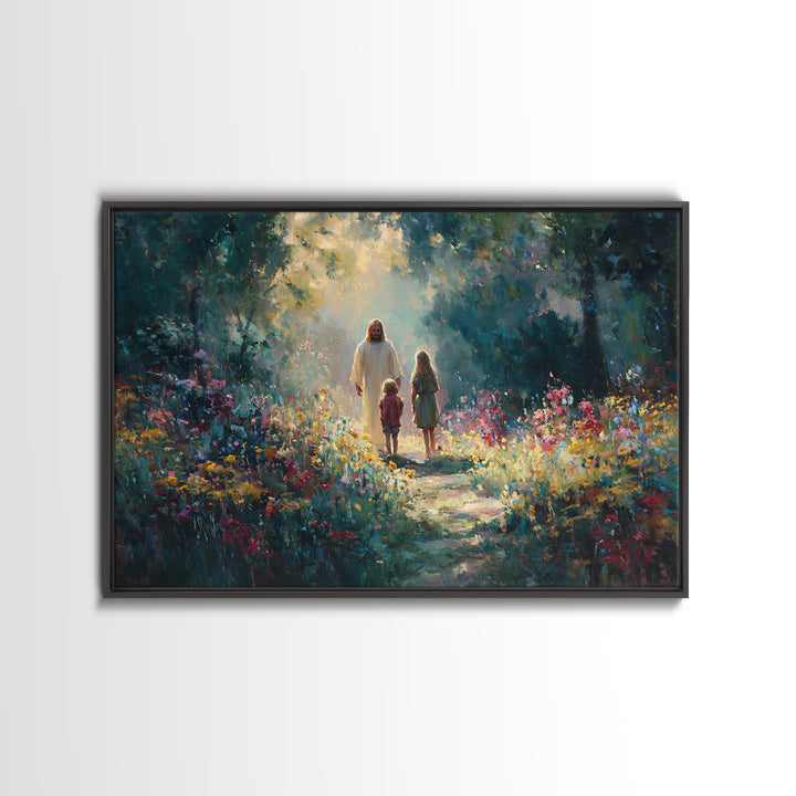 Garden Light Walk, Framed Canvas Print, Christian Art Canvas, Jesus Painting, Christian Wall Art, Christian Gift Ideas