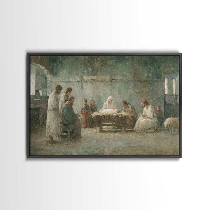 Holy Night Gathering – Framed Canvas Print – Christian Wall Art – Christian Art Canvas – Birth Of Jesus Painting – Christian Christmas Art