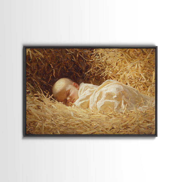 Divine Straw Light – Framed Canvas Print – Christmas Art Prints – Christian Art Canvas – Jesus Christmas Art – Vintage Christian Art – Chri