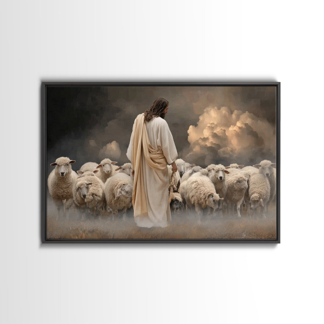 Guiding Shepherd Light, Framed Canvas Print, Christian Art Canvas, Large Jesus Painting, Moody Christian Art, Christian Wall Art, Christian