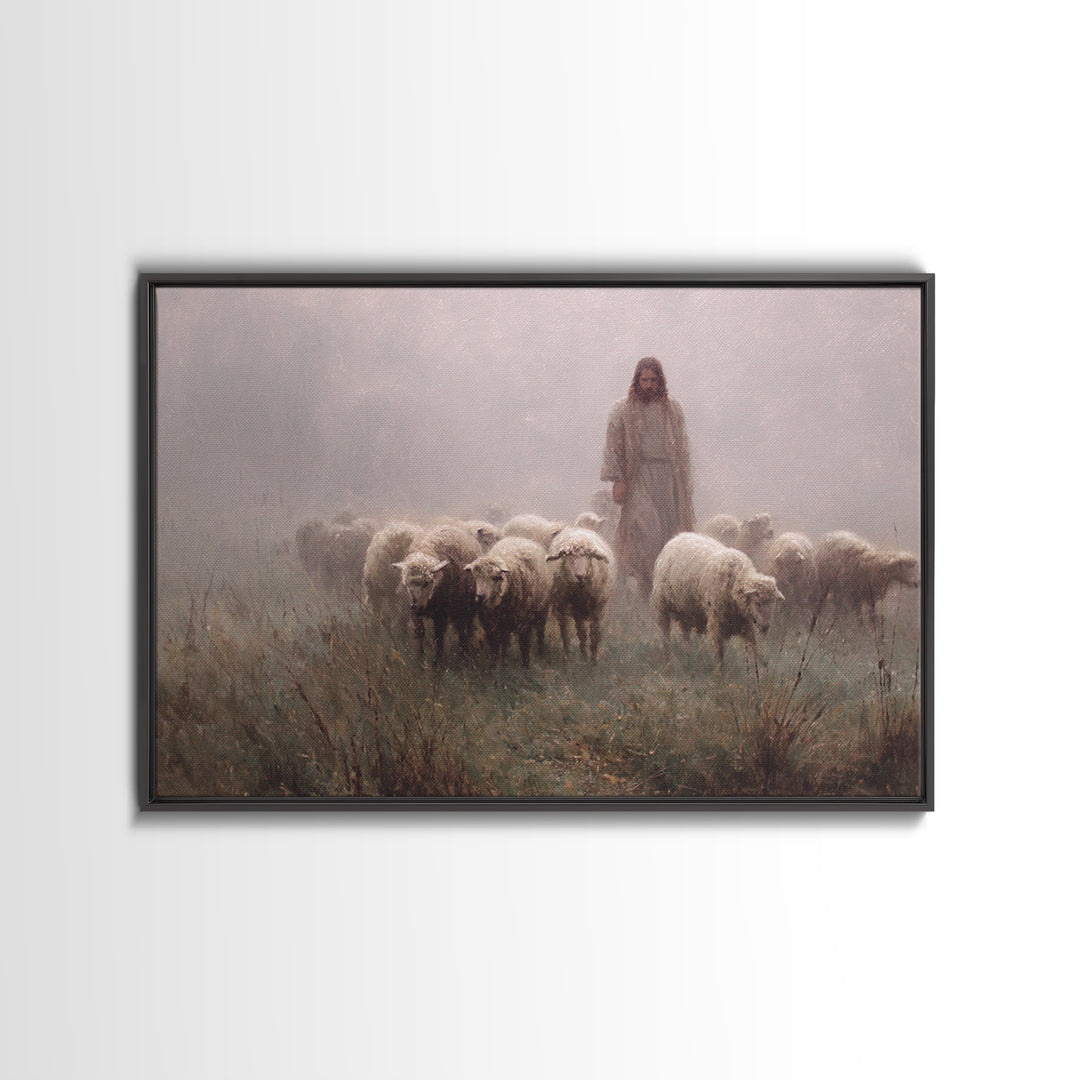 Misty Flock Dawn – Framed Canvas Print – Christian Paintings – Jesus Art Print – Pastoral Scenery – Modern Christian Art – Christian Wall A