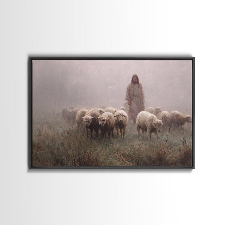 Misty Flock Dawn – Framed Canvas Print – Christian Paintings – Jesus Art Print – Pastoral Scenery – Modern Christian Art – Christian Wall A