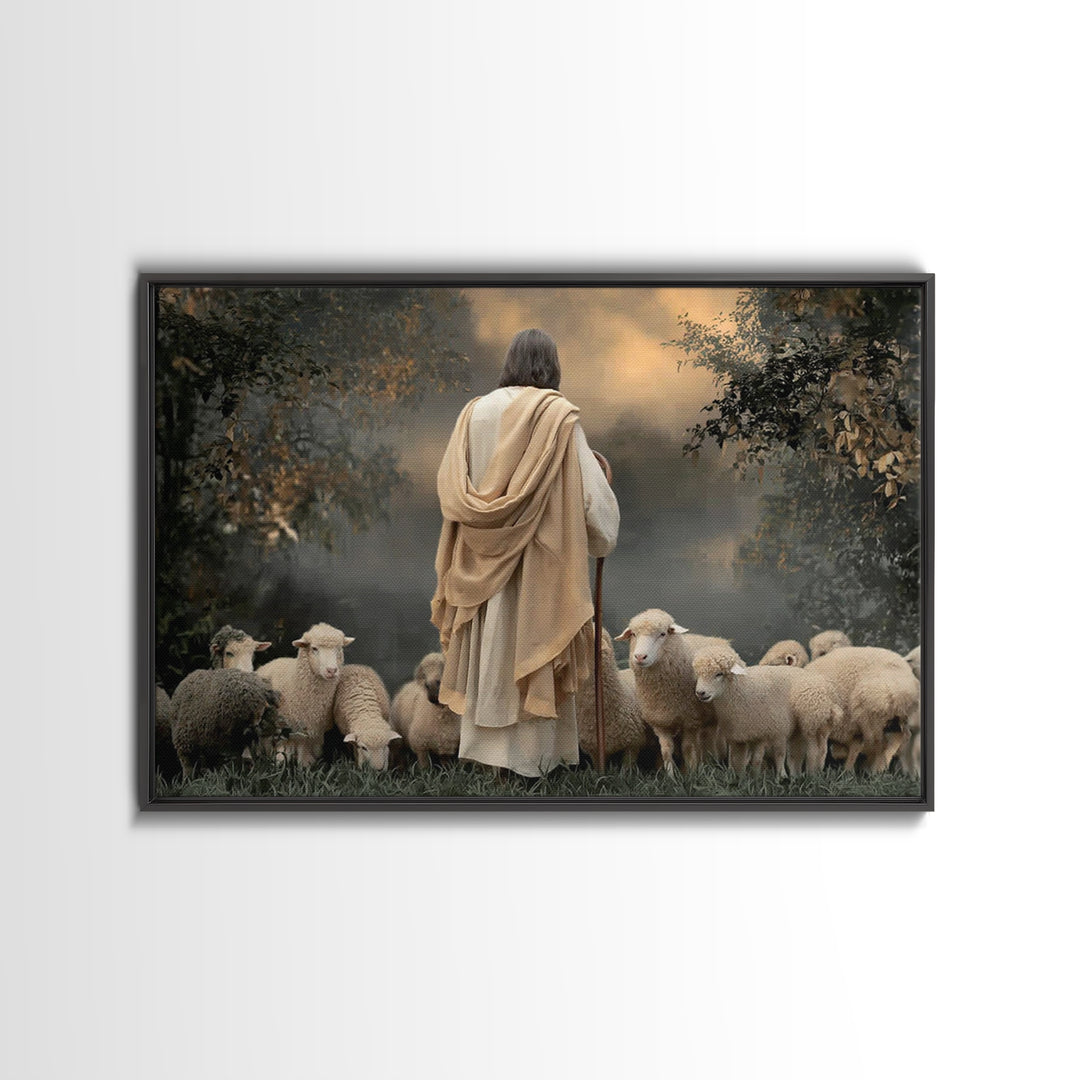 Misty Flock Calm, Framed Canvas Print, Christian Wall Art, Jesus Painting, Christian Art Canvas, Christmas Art