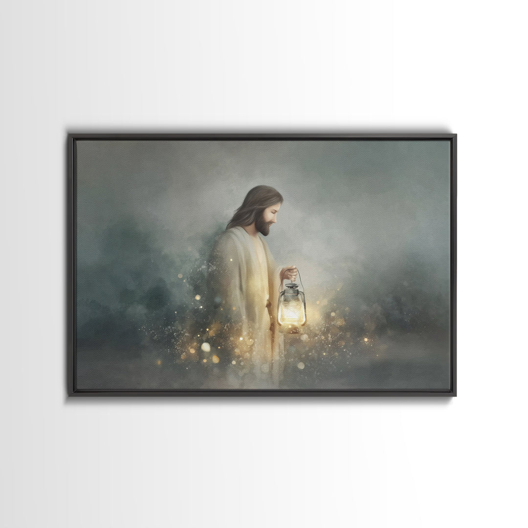 Guiding Lantern Light – Framed Canvas Print – Christian Wall Art – Jesus Painting – Christian Art Canvas – Christian Christmas Art – Modern