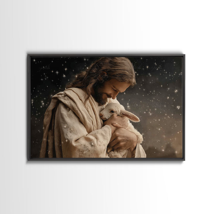 Starry Night Shepherd, Framed Canvas Print, Jesus Wall Art, Christian Art Canvas, Christian Wall Art, Christian Gift, Moody Christian Art