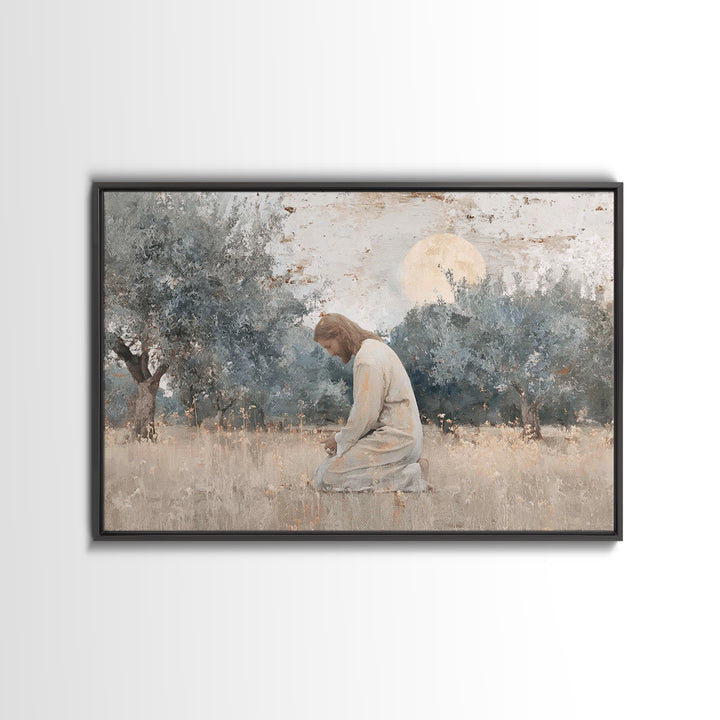 Olive Grove Reverence | Framed Canvas Print | Christian Art Canvas | Jesus Painting | Vintage Christian Art | Christian Wall Art | Christia