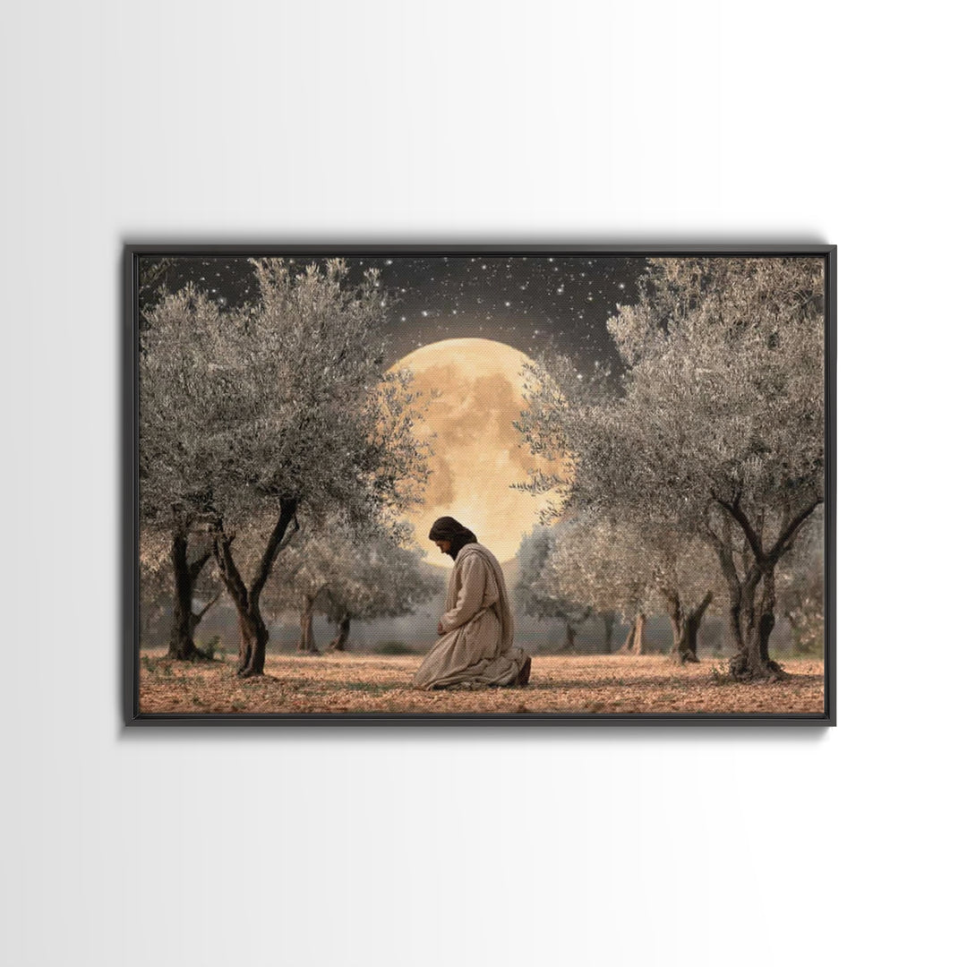 Moonlit Devotion - Framed Canvas Print - Christian Art Canvas - Jesus Painting - Christian Wall Art - Christian Christmas Art