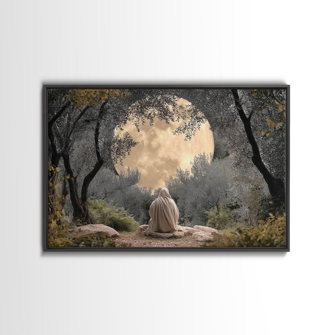 Moonlit Garden Prayer – Framed Canvas Print – Christian Wall Art – Christian Art Canvas – Jesus Painting – Moody Christian Art – Christian