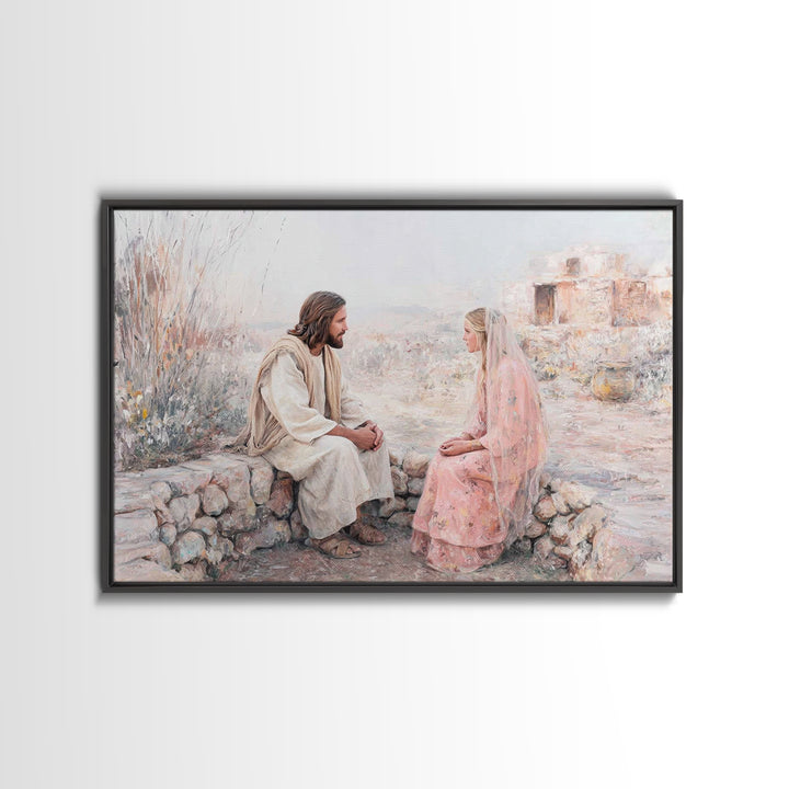 Riverside Mercy | Framed Canvas Print | Christian Art Canvas | Jesus Painting | Christian Wall Art | Soft Christian Art | Modern Christian