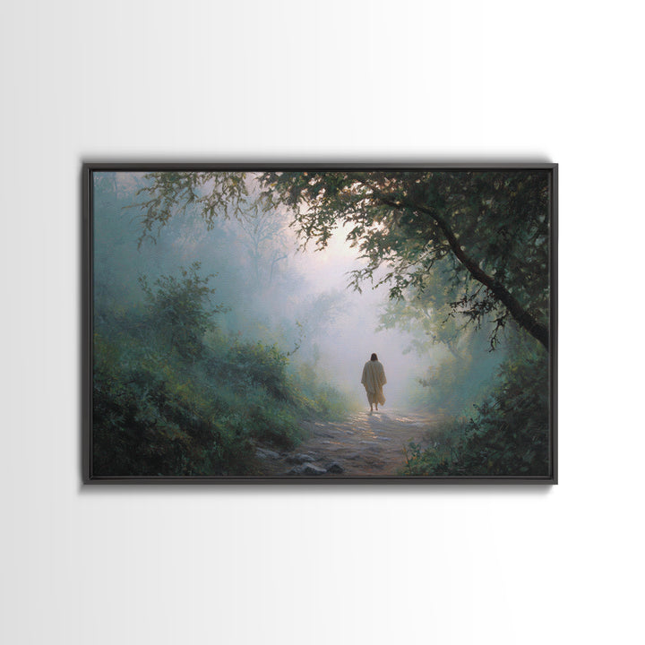 Forest Dawn Walk, Framed Canvas Print, Christian Wall Art, Christian Art Canvas, Jesus Painting, Moody Christian Art
