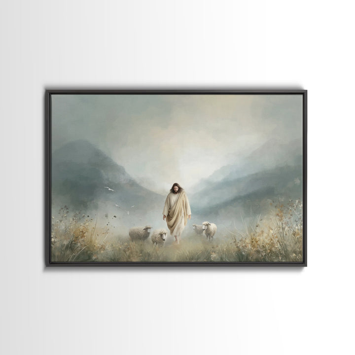 Evening Flock, Framed Canvas Print, Christian Wall Art, Jesus Painting Canvas, Moody Christian Art, Christian Decor, Large Christian Painti