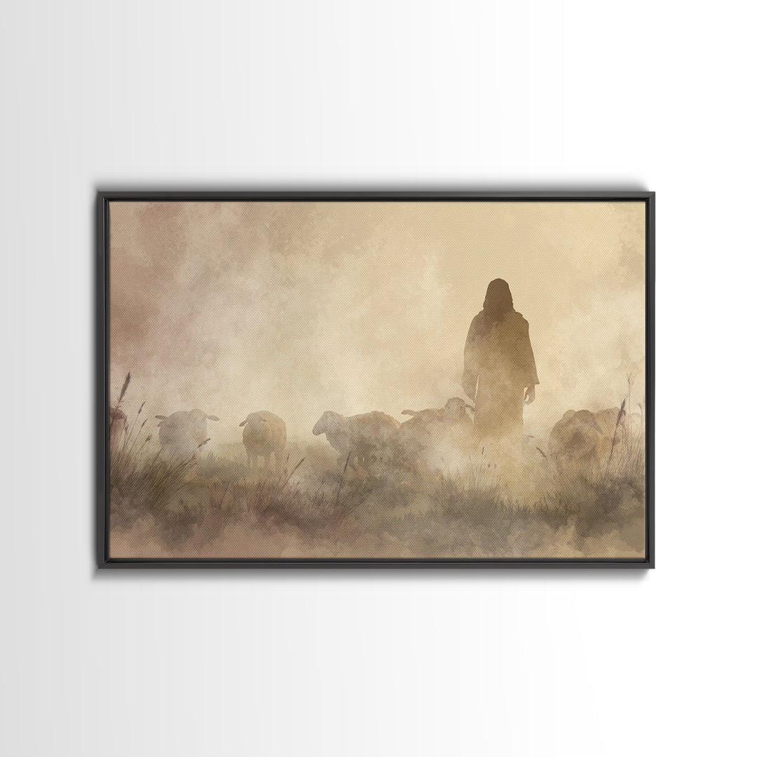 Misty Shepherd – Framed Canvas Print – Christian Wall Art – Jesus Painting – Christian Art Canvas – Moody Christian Art – Christian Gift Id