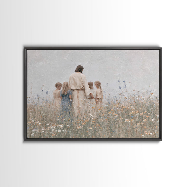 Gentle Meadow Light, Framed Canvas Print, Jesus Painting, Christian Art Canvas, Christian Wall Art, Minimalist Christian Art, Christian Gif