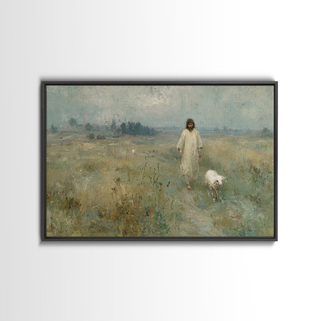 Gentle Shepherd Light, Framed Canvas Print, Christian Art Canvas, Jesus Painting, Vintage Christian Art, Christian Wall Art, Christian Gift