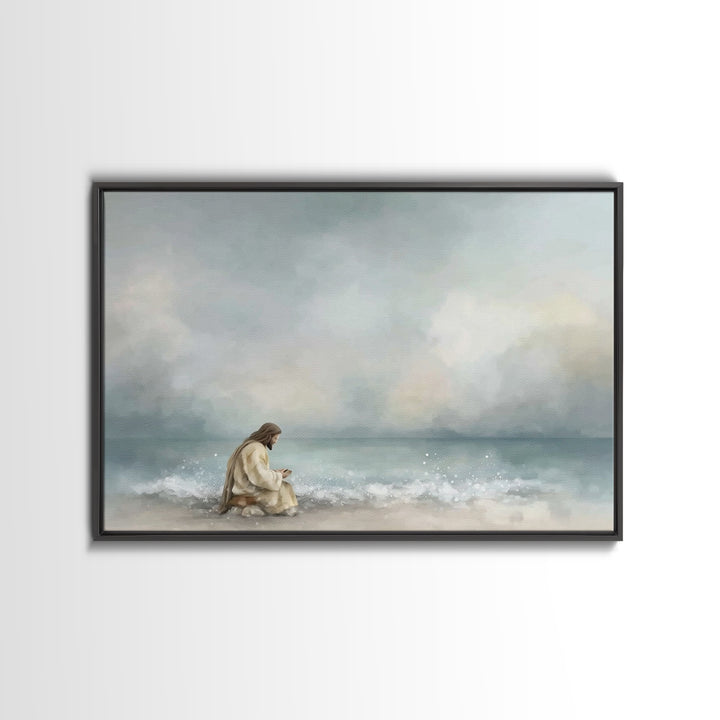 Quiet Sea Devotion, Framed Canvas Print, Christian Wall Art, Jesus Painting, Christian Art Canvas, Large Christian Art, Modern Christian Ar