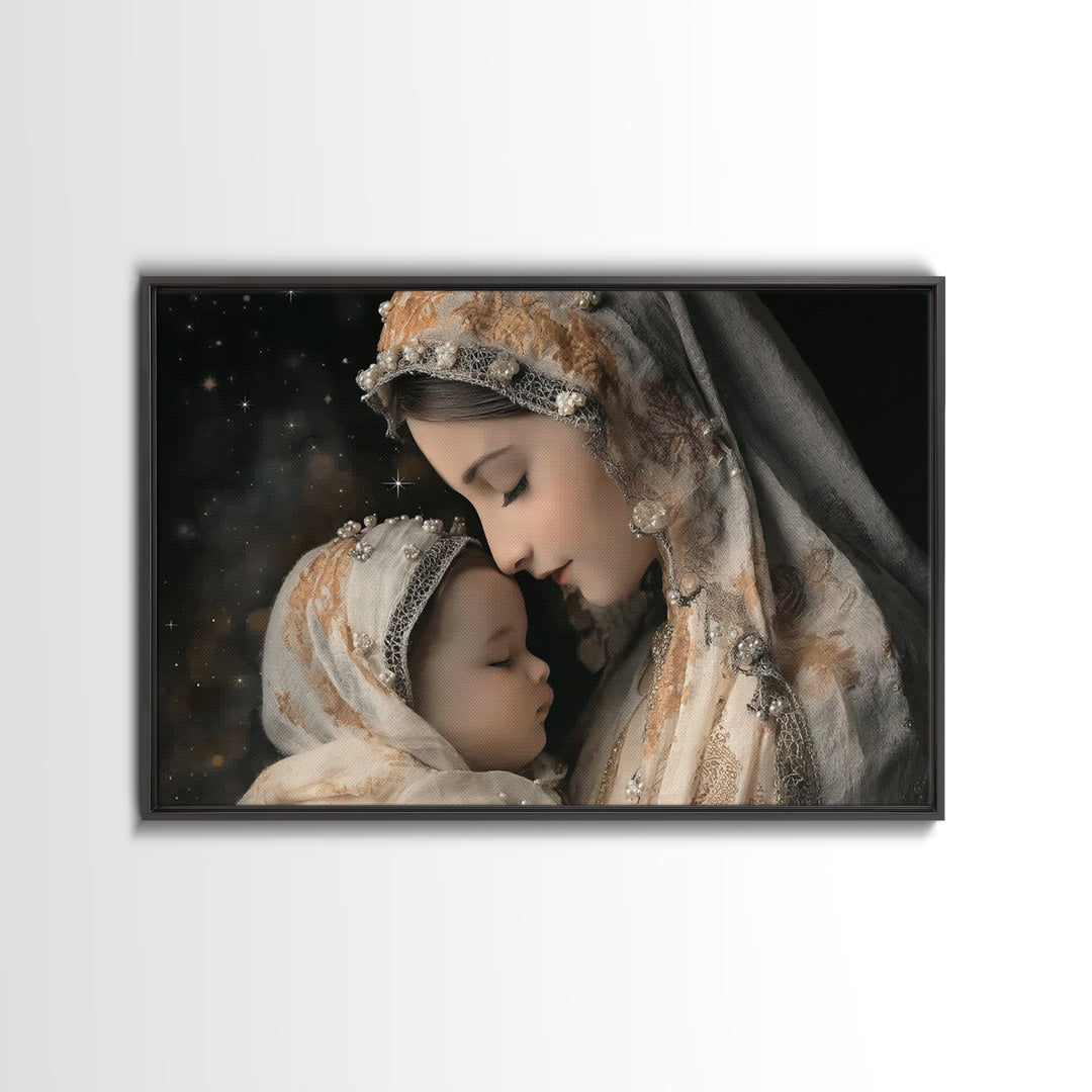Starry Motherhood | Framed Canvas Print | Christian Wall Art | Mary And Jesus Painting | Christian Art Canvas | Christian Art
