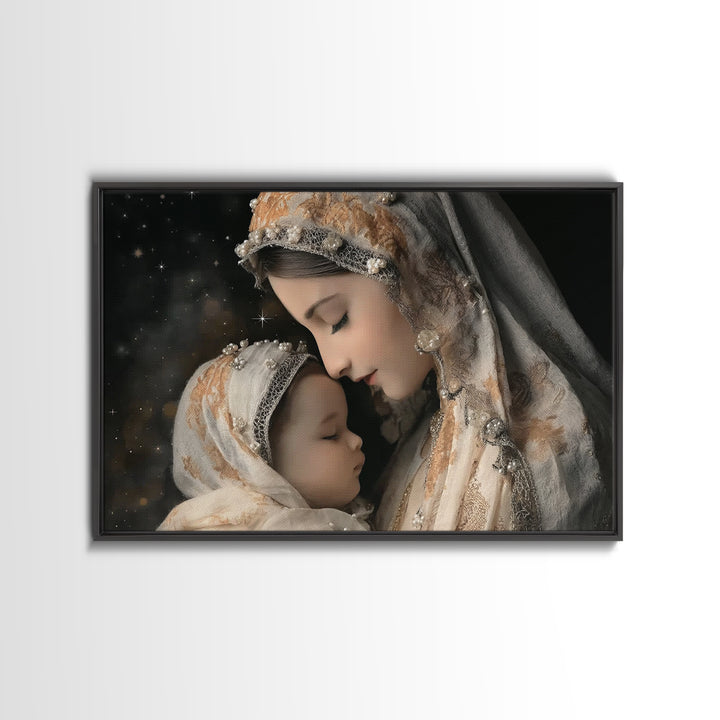 Starry Motherhood | Framed Canvas Print | Christian Wall Art | Mary And Jesus Painting | Christian Art Canvas | Christian Art