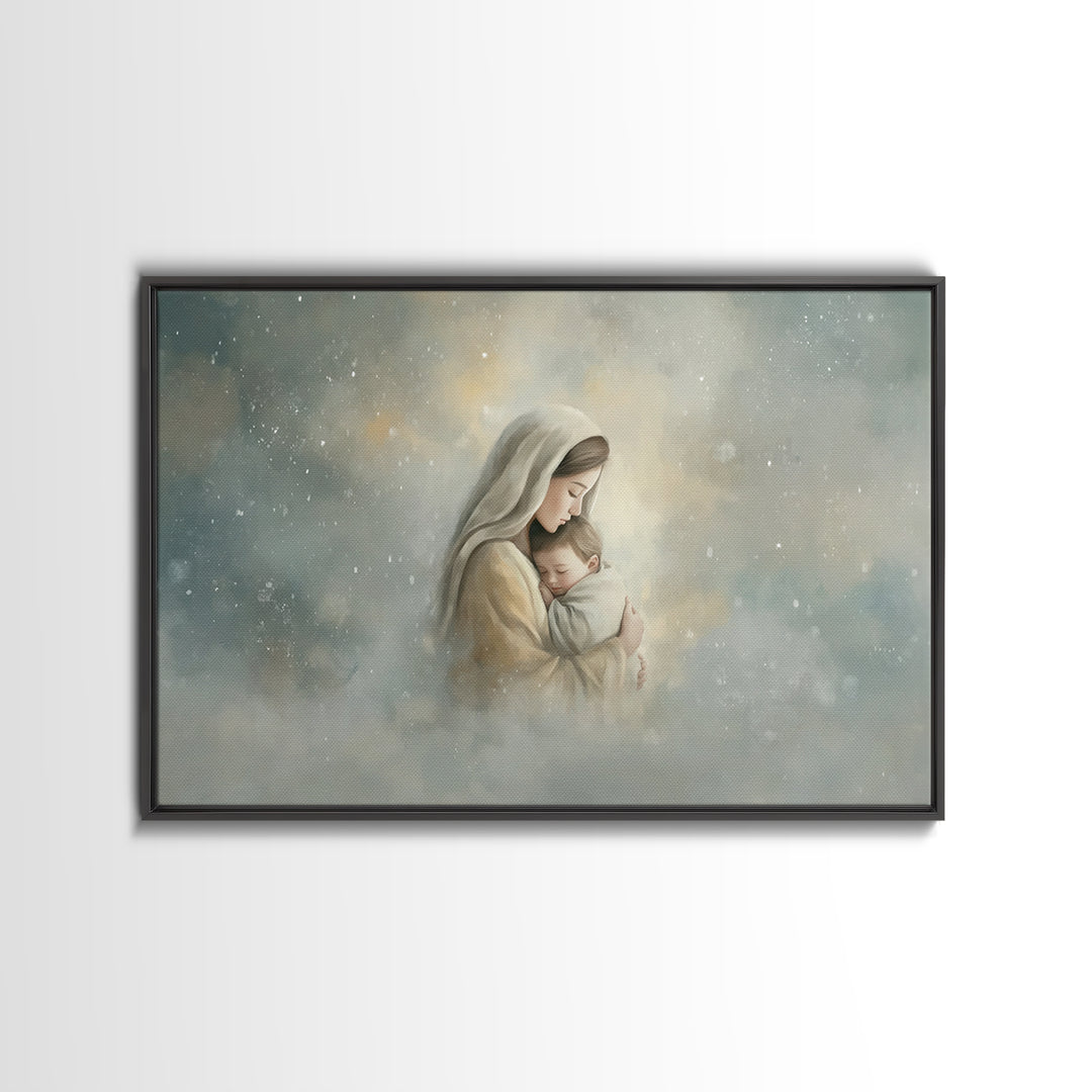 Heavenly Embrace | Framed Canvas Print | Christian Art Canvas | Christian Wall Art | Christian Art | Mary And Jesus Painting